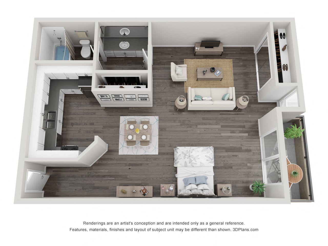 Floor plan for studio, 1 bath, 600 sqft